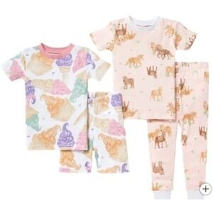 Burt's Bees Girls 100% Cotton 4-piece Pajamas Pink (Horses‎ & Ice Cream) 3T NWT